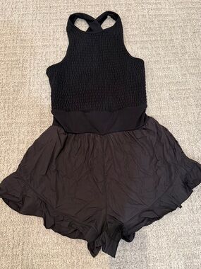 FP Movement by Free People Black Smocked Crossback One-Piece Romper